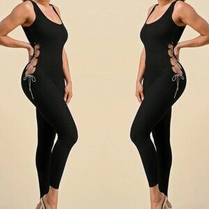 Mila Ribbed Knit Lace Up Jumpsuit - Black